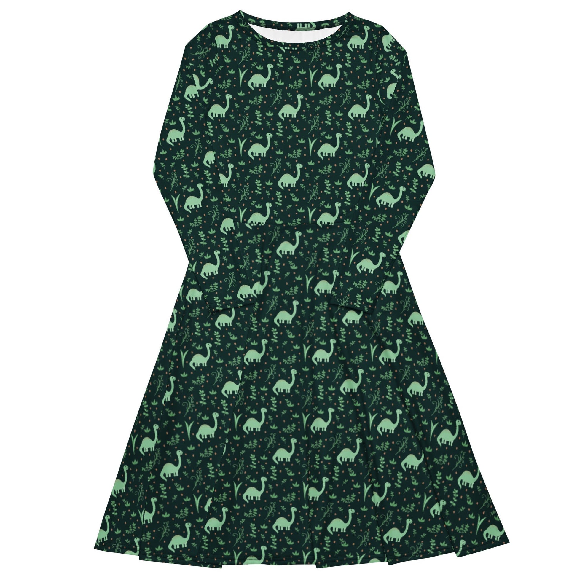 Dino Green Tropics Green Dinosaur Long Sleeve Midi Dress 1