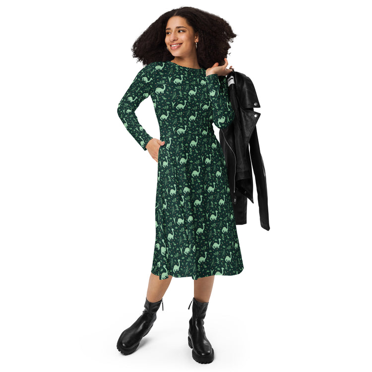 Nerdy Dino Green Tropics Green Dinosaur Long Sleeve Midi Dress