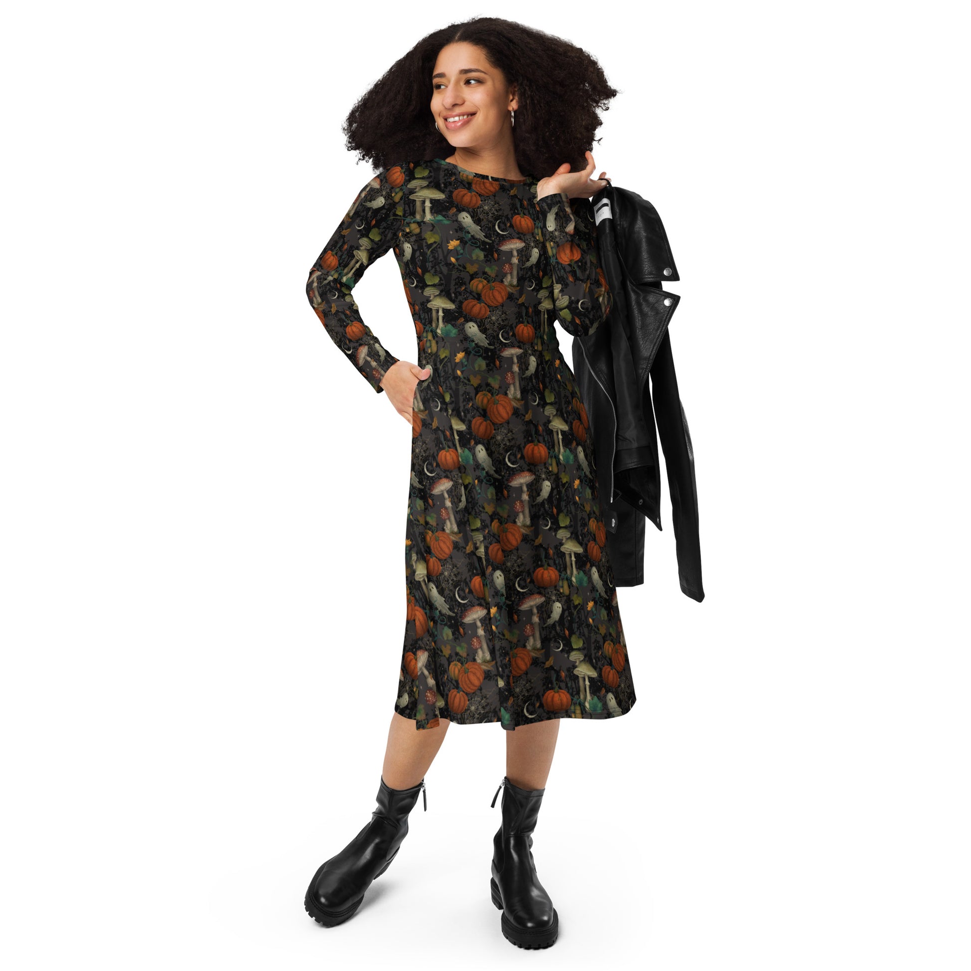 Cottagecore Halloween Mushroom Long Sleeve Midi Dress