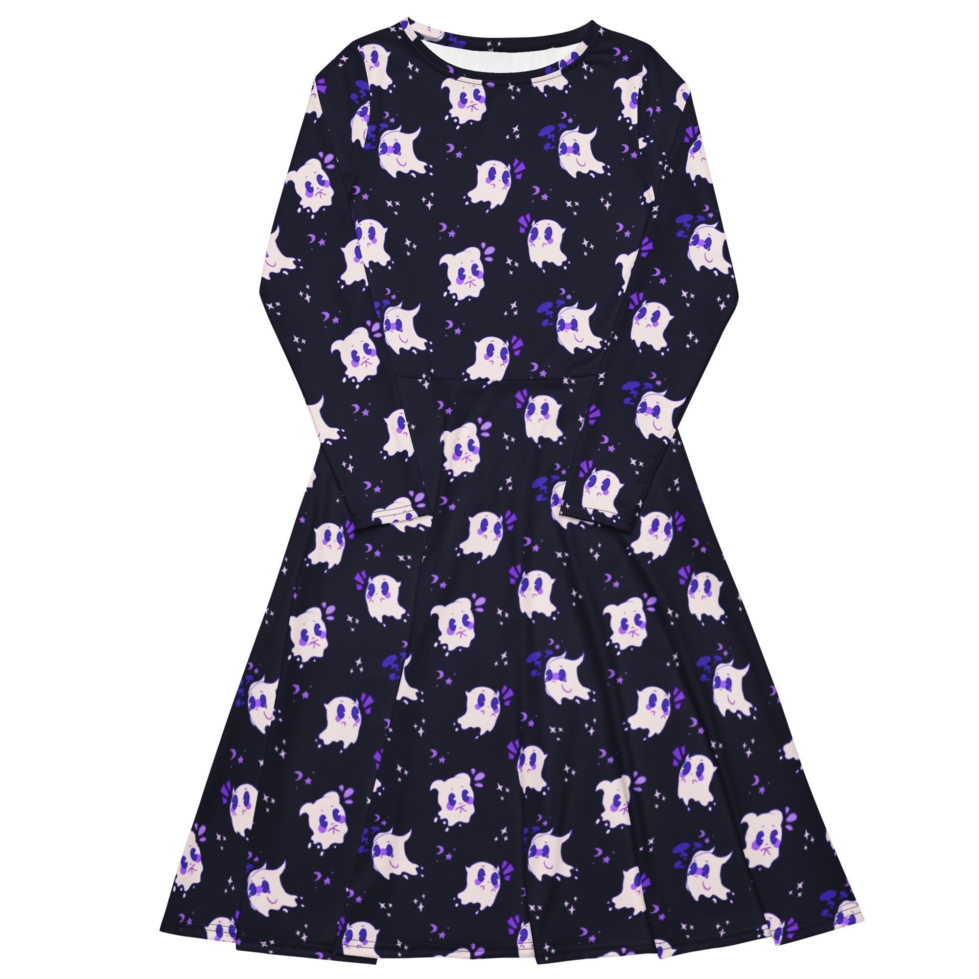 Nerdy Anxious Ghosts Purple Long Sleeve Midi Dress