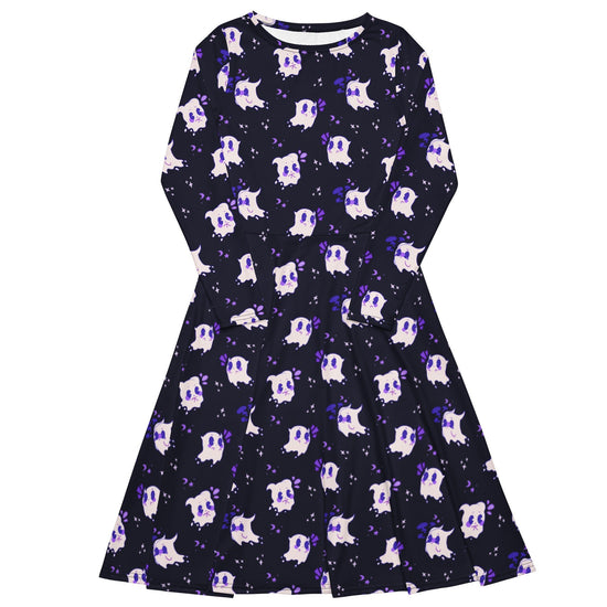 Nerdy Anxious Ghosts Purple Long Sleeve Midi Dress