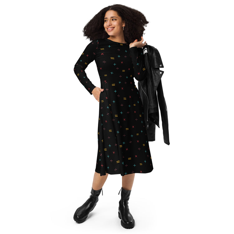 Nerdy Math Symbols Black Long Sleeve Midi Dress