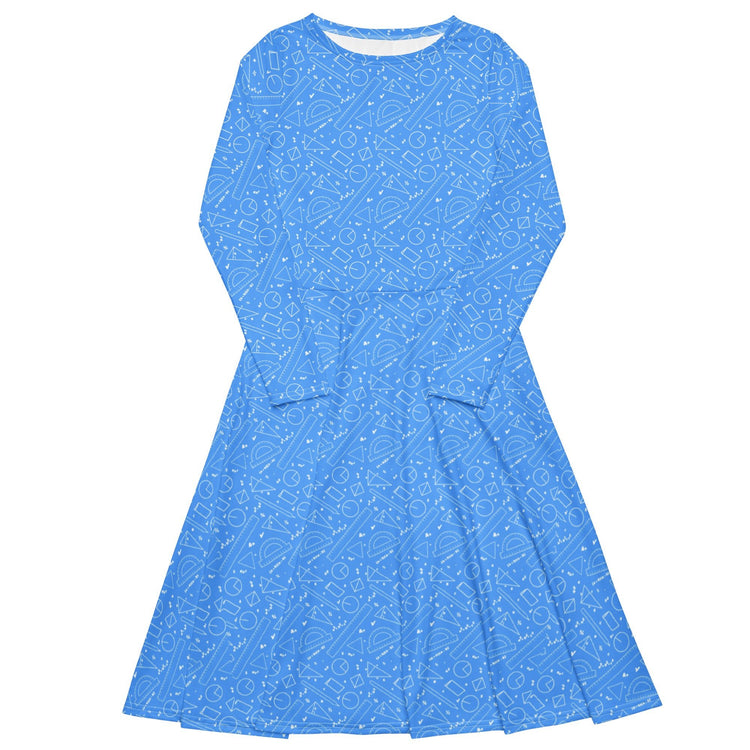 Nerdy Geometry Blue Math Long Sleeve Midi Dress