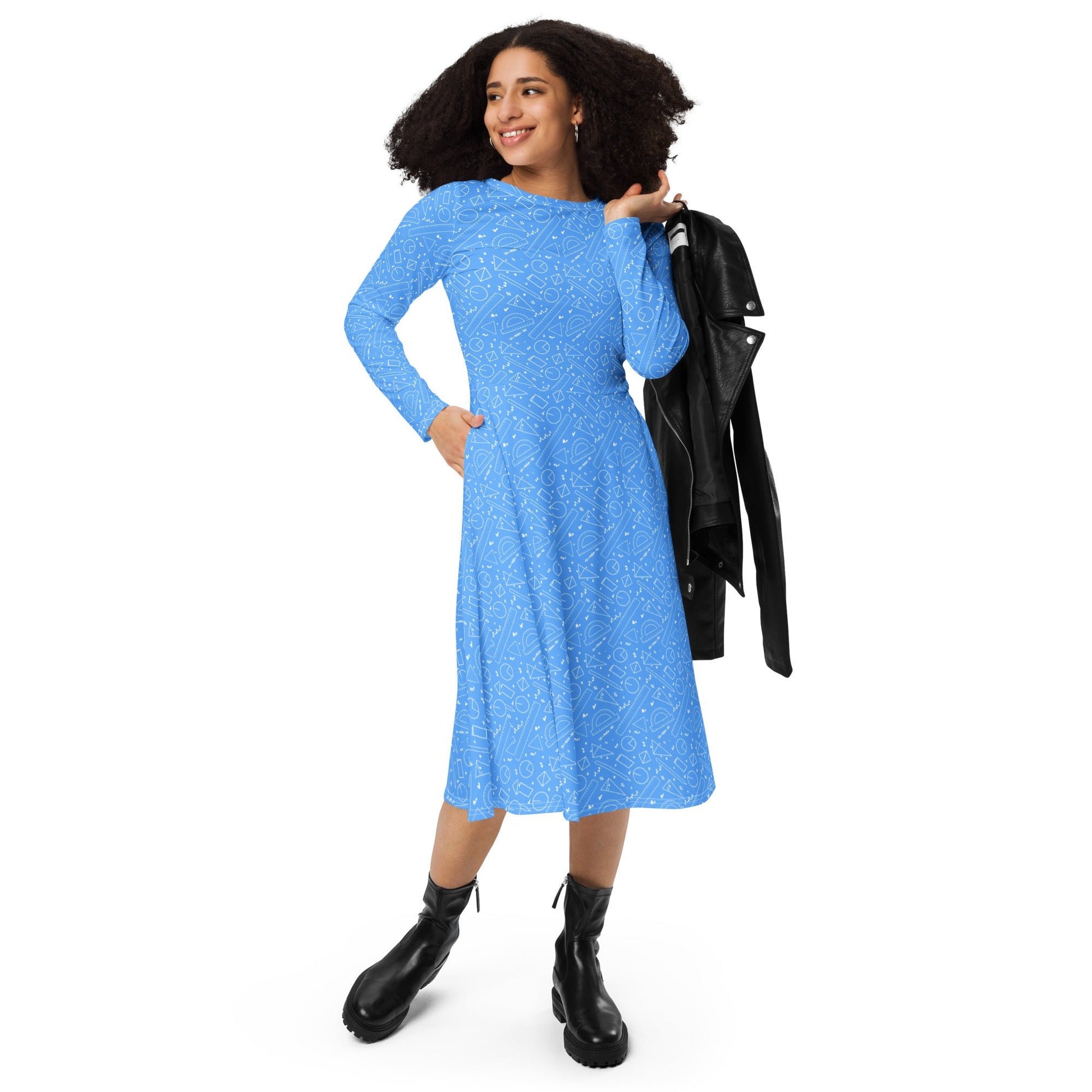 Geometry Blue Math Long Sleeve Midi Dress 4