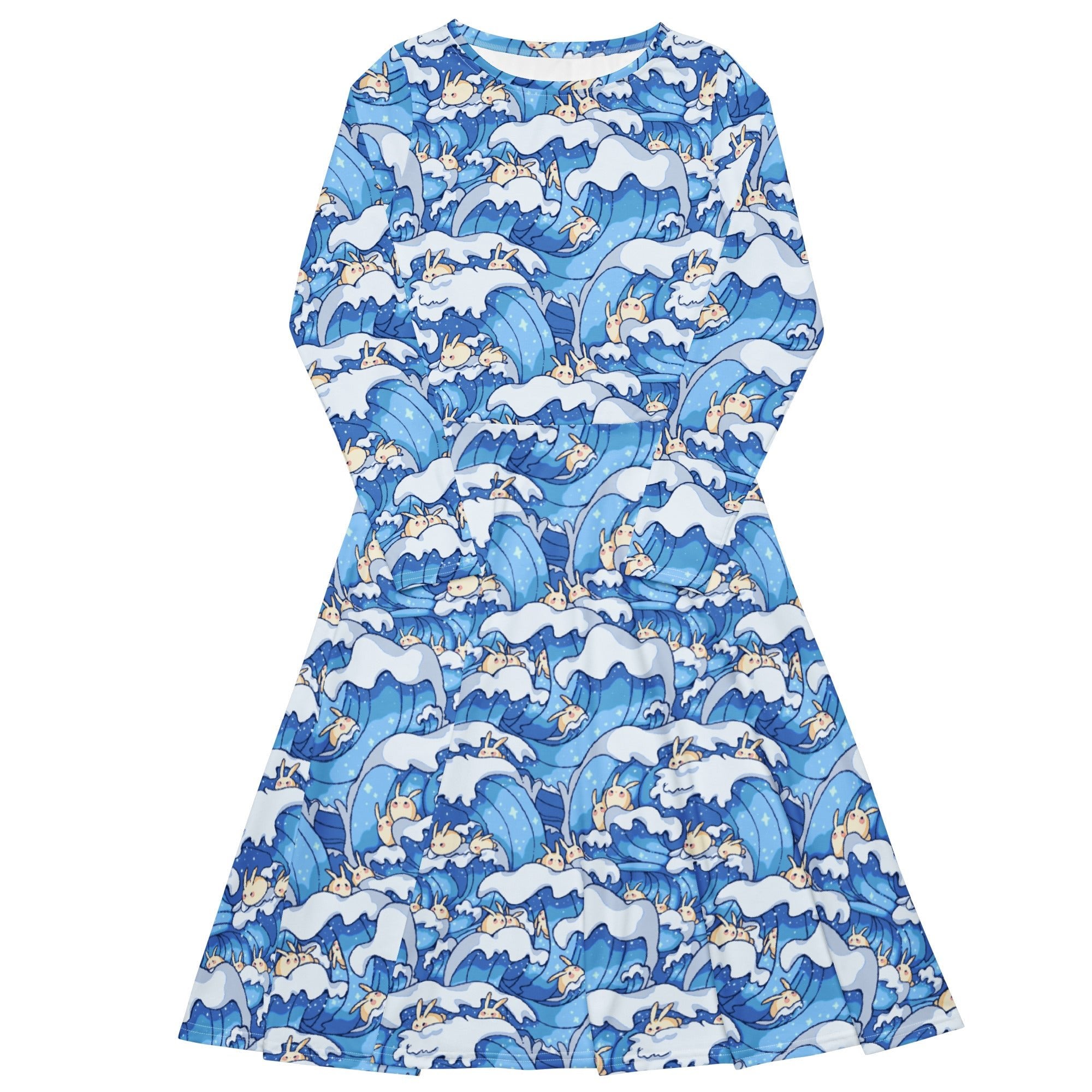 Nerdy Surfer Bunnies Anime Long Sleeve Midi Dress