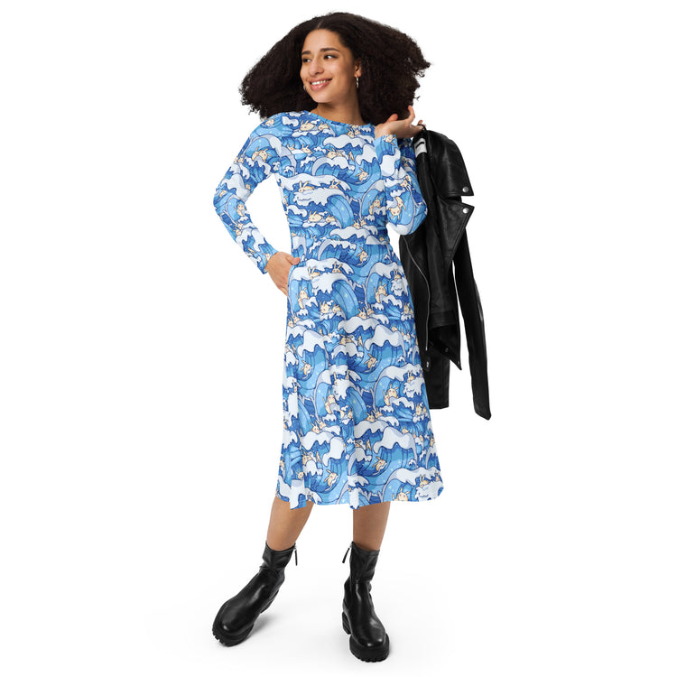 Nerdy Surfer Bunnies Anime Long Sleeve Midi Dress