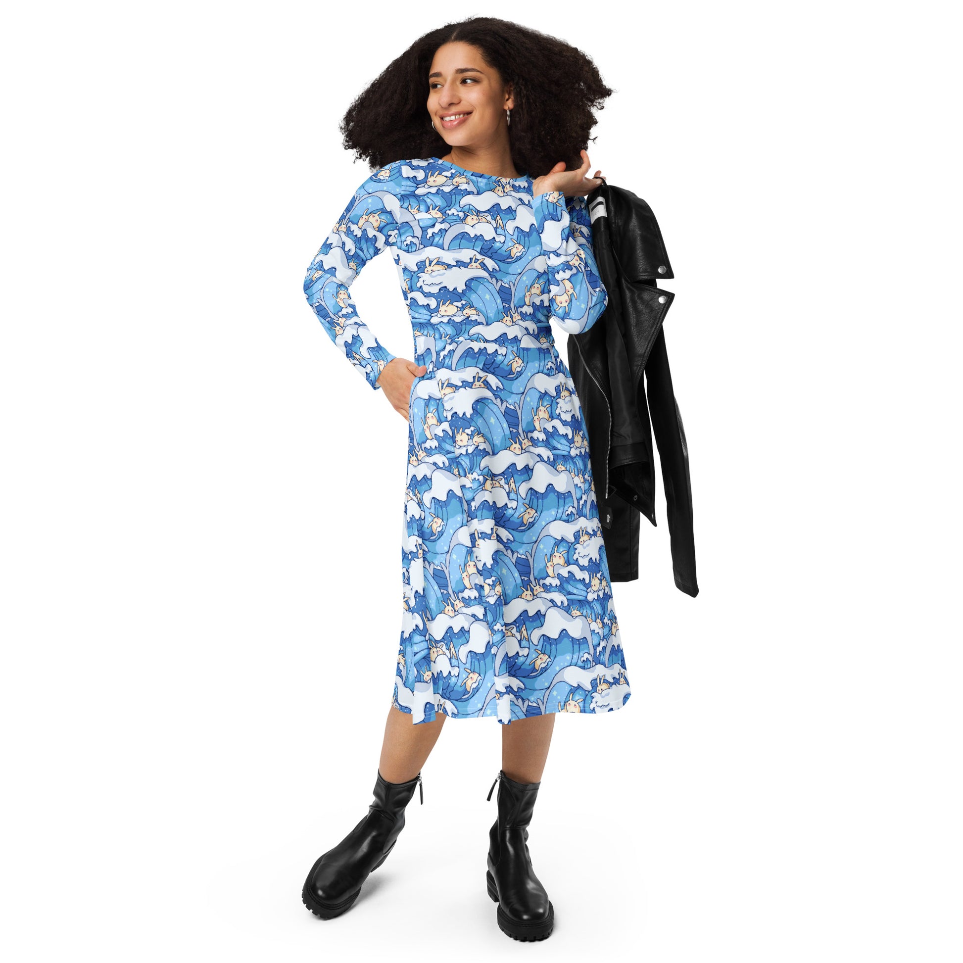 Surfer Bunnies Anime Long Sleeve Midi Dress 4