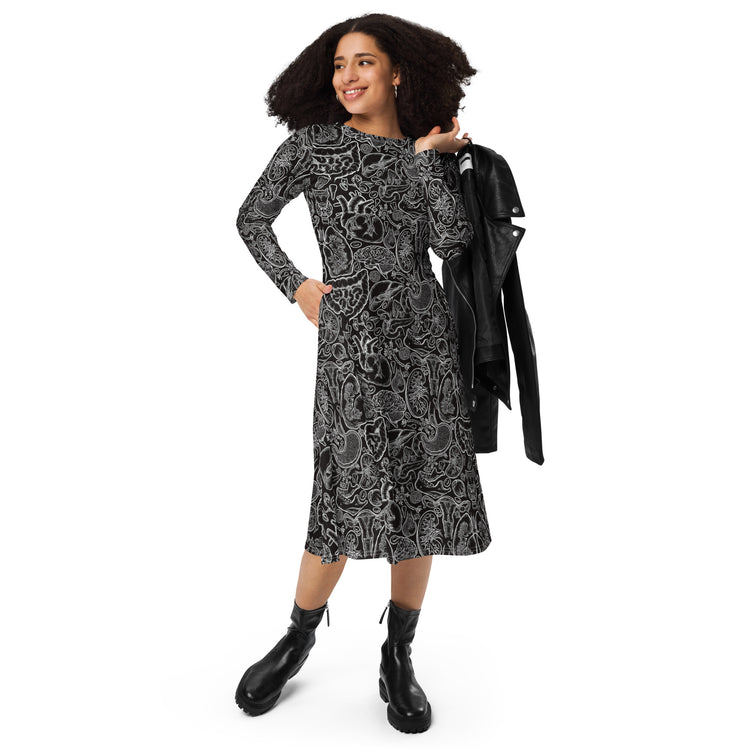 Nerdy Human Anatomy Black Long Sleeve Midi Dress