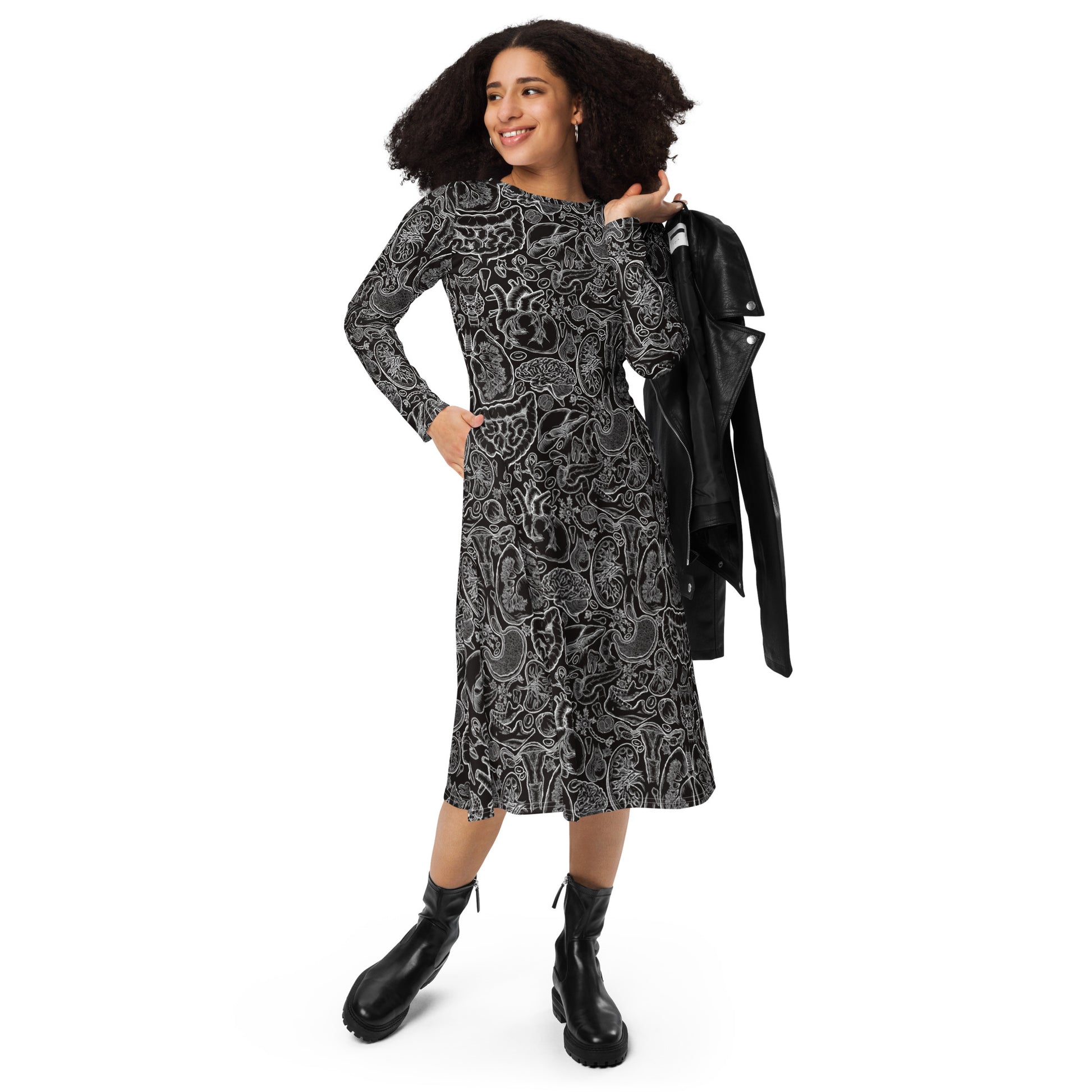 Human Anatomy Black Long Sleeve Midi Dress 4