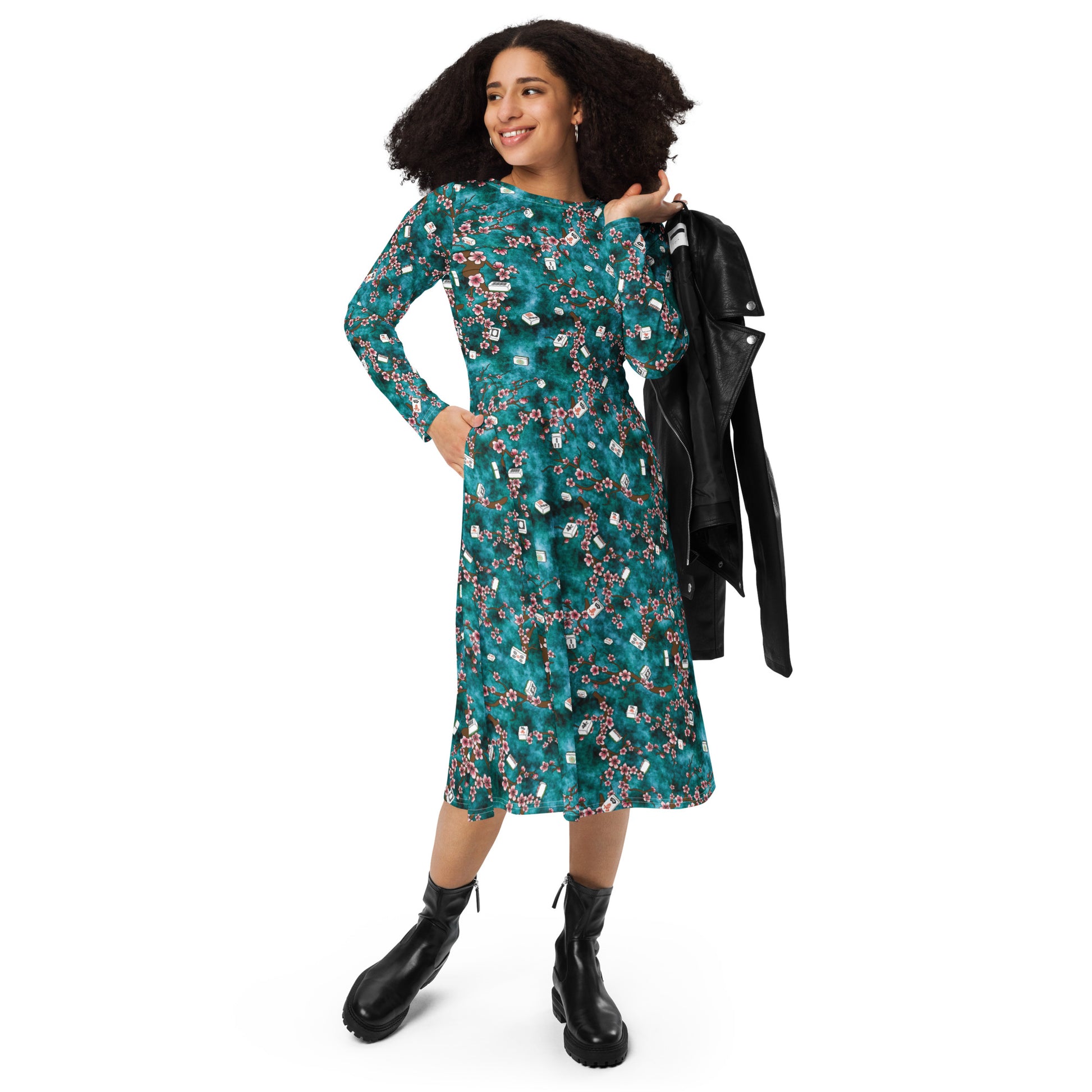 Mahjong Tiles Pond Anime Long Sleeve Midi Dress 4