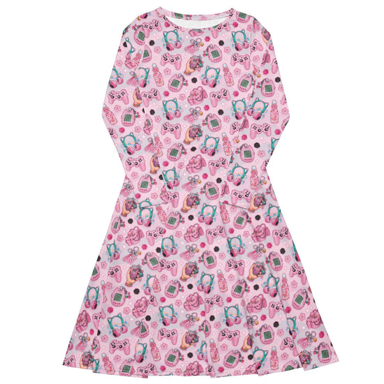 Nerdy Anime Gamer Items Pink Long Sleeve Midi Dress