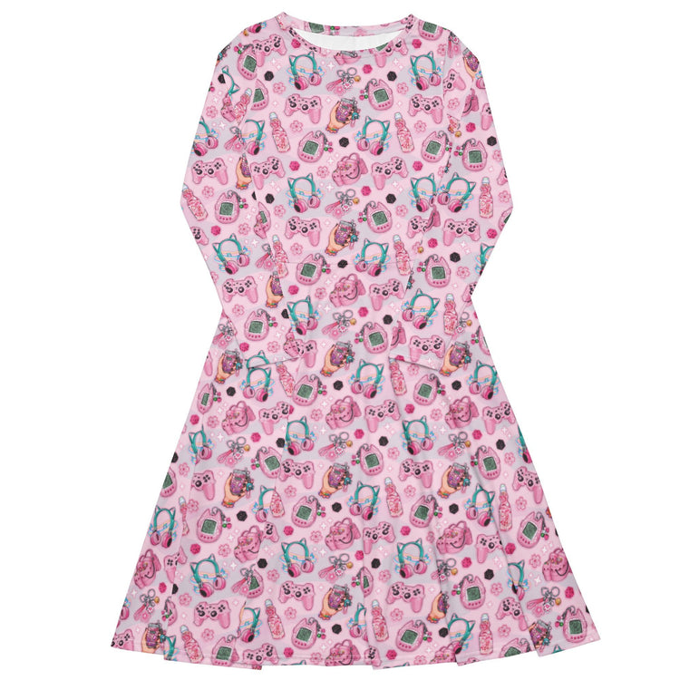 Nerdy Anime Gamer Items Pink Long Sleeve Midi Dress