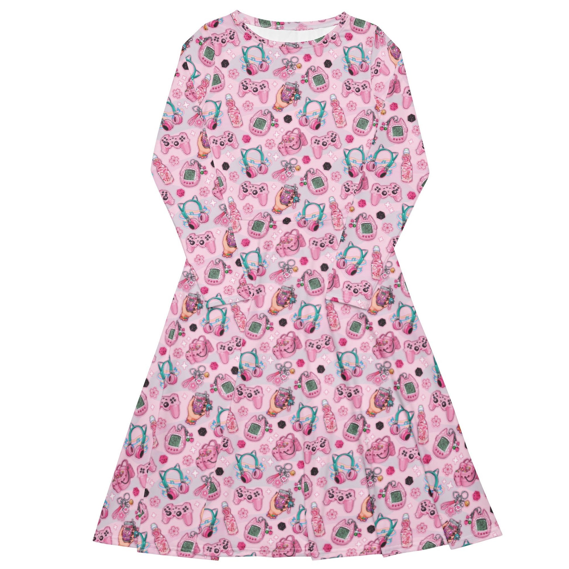 Anime Gamer Items Pink Long Sleeve Midi Dress 1
