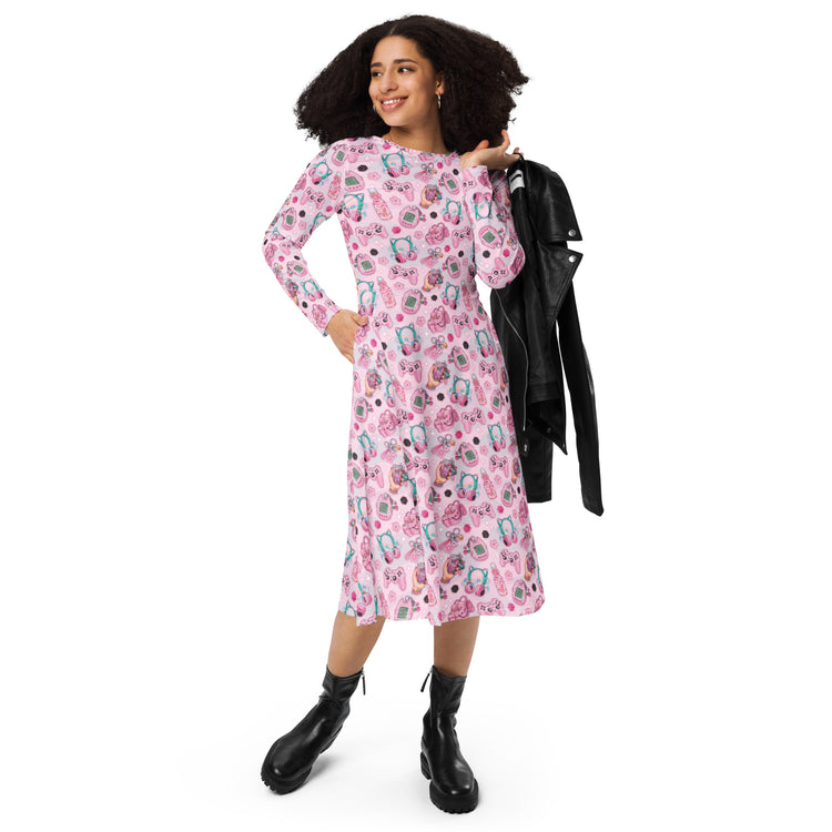 Nerdy Anime Gamer Items Pink Long Sleeve Midi Dress