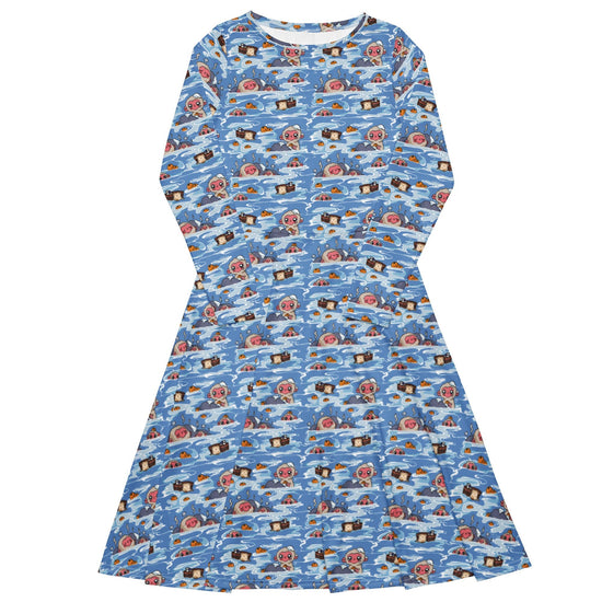 Nerdy Onsen Snow Monkeys Long Sleeve Midi Dress