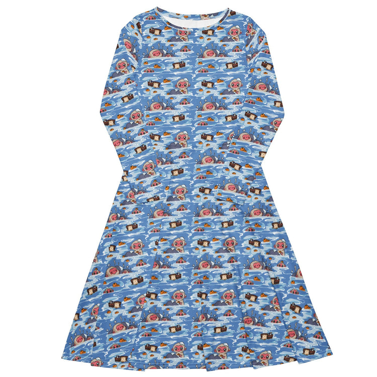 Nerdy Onsen Snow Monkeys Long Sleeve Midi Dress