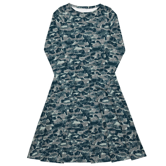 Nerdy Military Fighter Jet Navy Camo Blue Long Sleeve Midi Dress