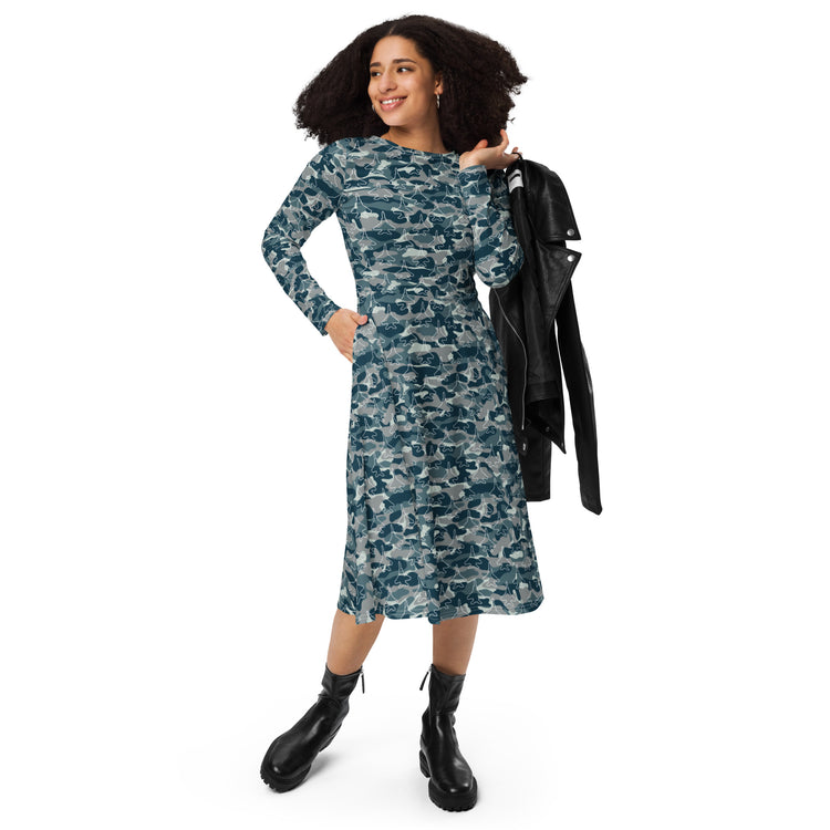Nerdy Military Fighter Jet Navy Camo Blue Long Sleeve Midi Dress