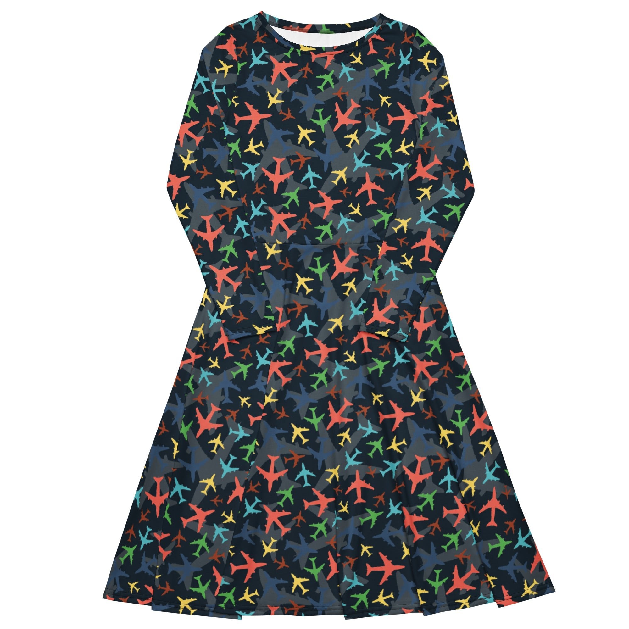Nerdy Multi Colored Airplanes on Blue Long Sleeve Midi Dress