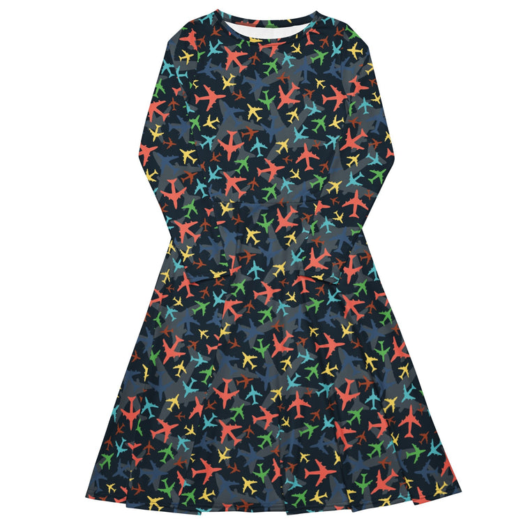 Nerdy Multi Colored Airplanes on Blue Long Sleeve Midi Dress