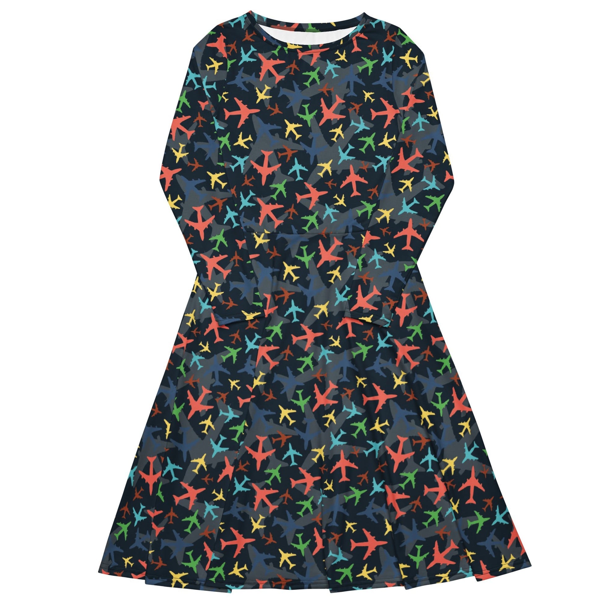 Multi Colored Airplanes on Blue Long Sleeve Midi Dress 1