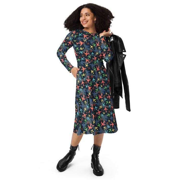 Nerdy Multi Colored Airplanes on Blue Long Sleeve Midi Dress