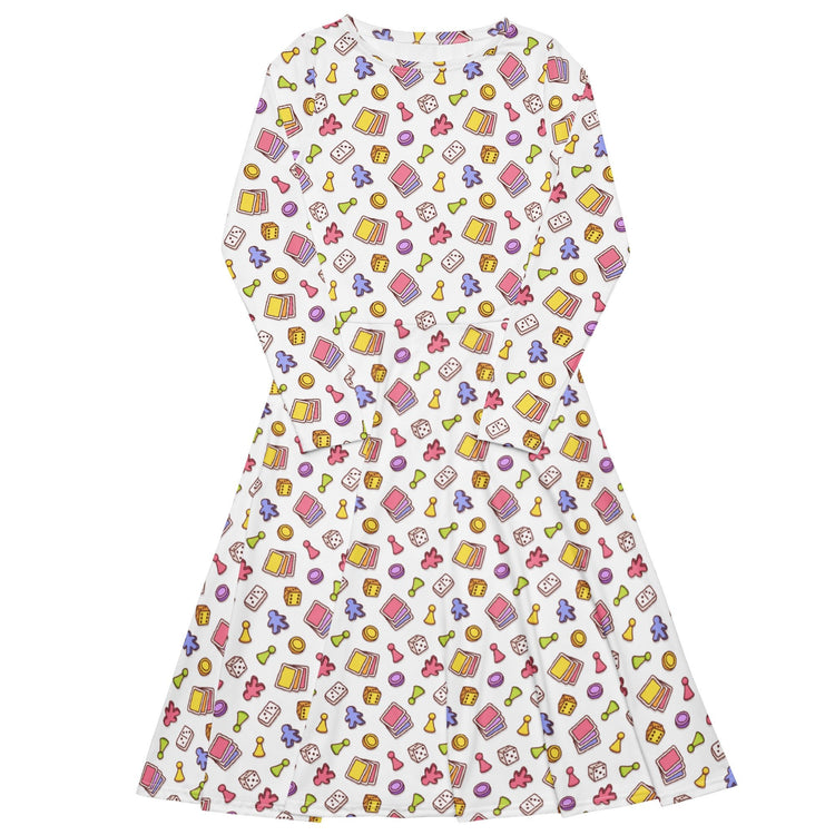 Nerdy Board Game Objects Meeples White Long Sleeve Midi Dress