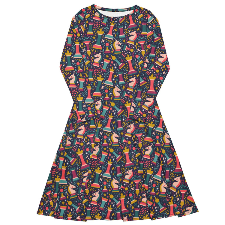 Nerdy Chess Colorful Chess Pieces Blue Long Sleeve Midi Dress