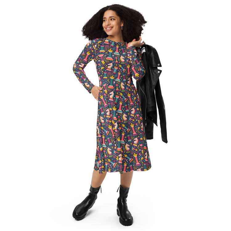 Nerdy Chess Colorful Chess Pieces Blue Long Sleeve Midi Dress