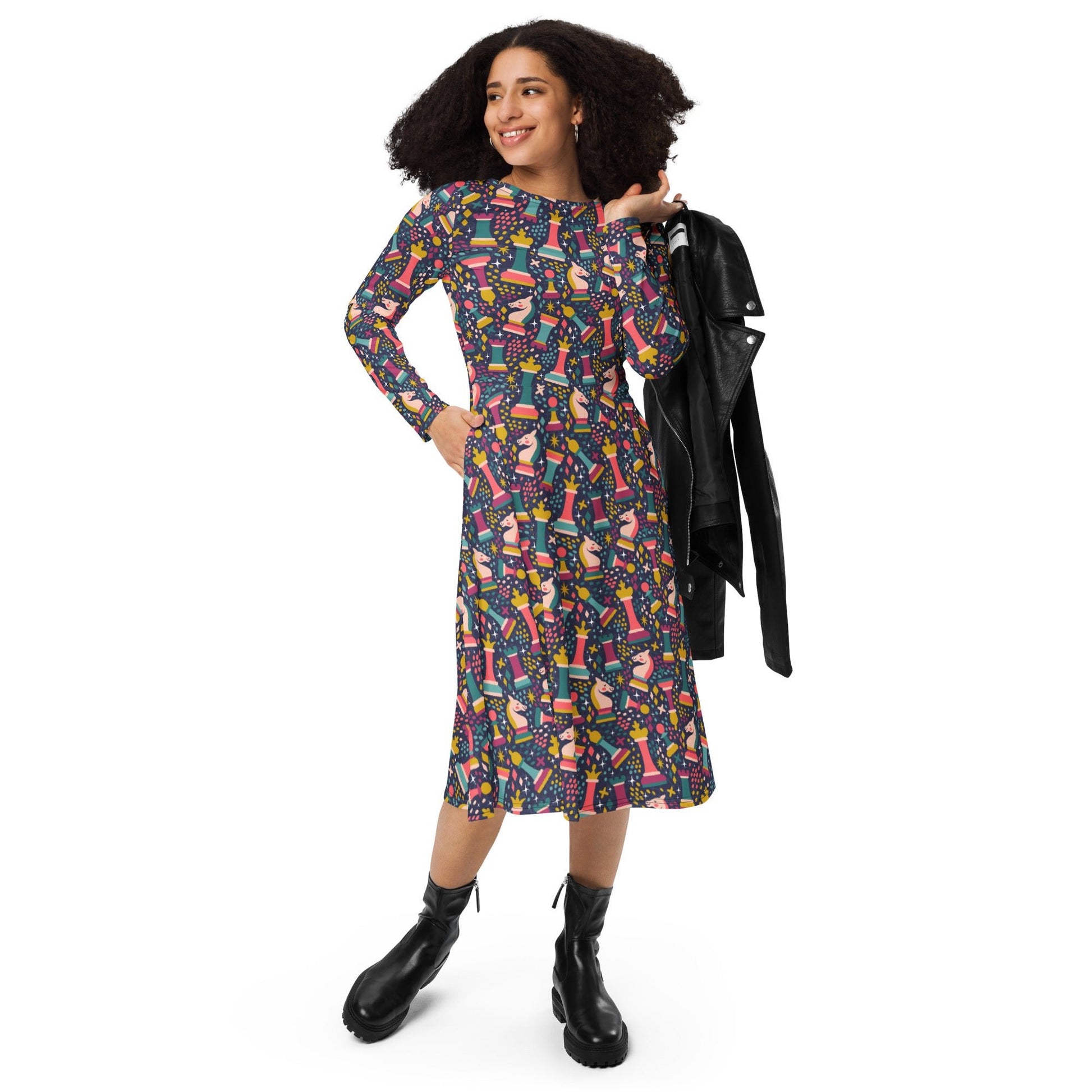 Chess Colorful Chess Pieces Blue Long Sleeve Midi Dress 4