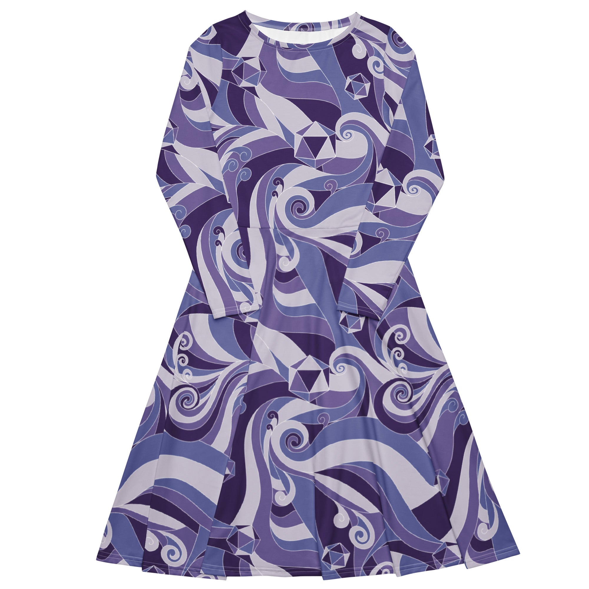 Nerdy Dnd Dice Swirls Purple Long Sleeve Midi Dress