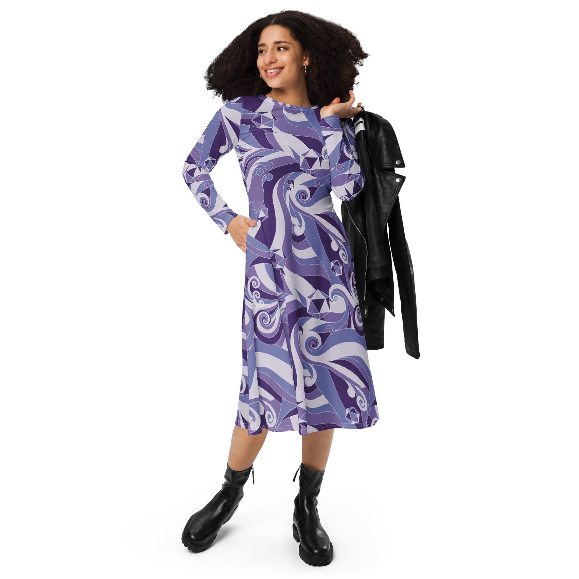 Dnd Dice Swirls Purple Long Sleeve Midi Dress 4