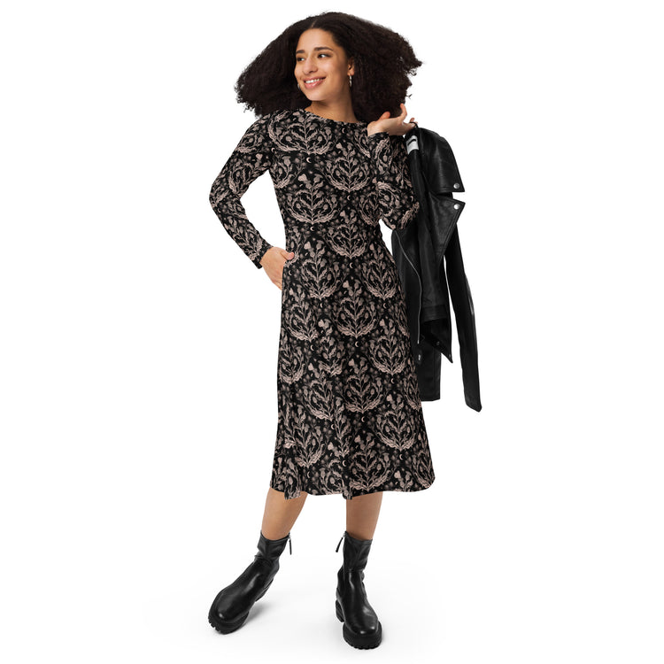 Nerdy Episodic Thistle Home Black White Long Sleeve Midi Dress