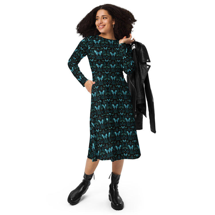 Nerdy Episodic Mystical Butterfly Long Sleeve Midi Dress