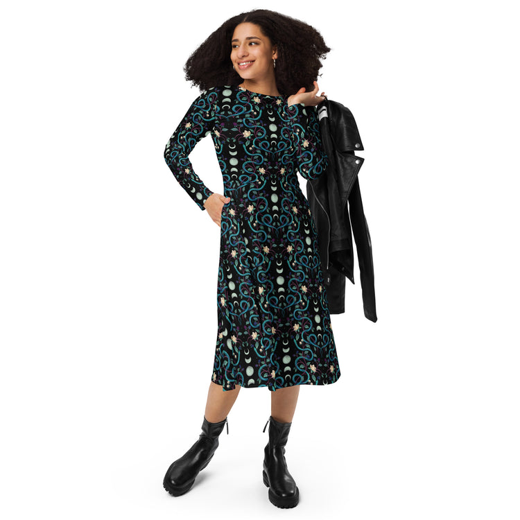 Nerdy Episodic Serpent Moon Long Sleeve Midi Dress