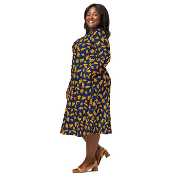 Nerdy Dinosaur Chicken Nuggets Blue Long Sleeve Midi Dress