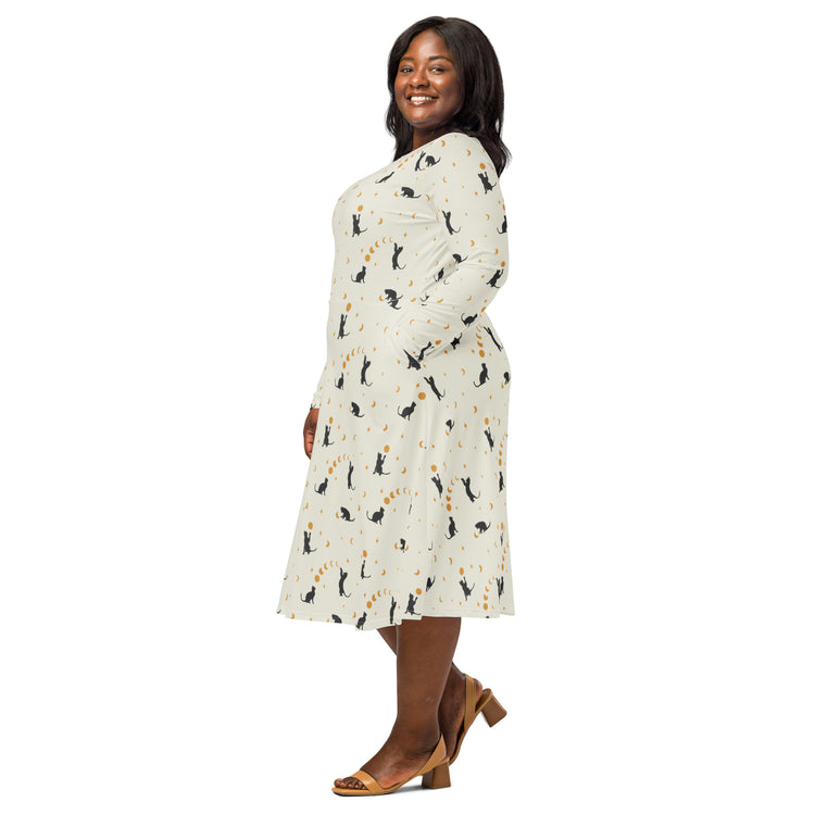Nerdy Episodic Cat Catching the Moon Long Sleeve Midi Dress