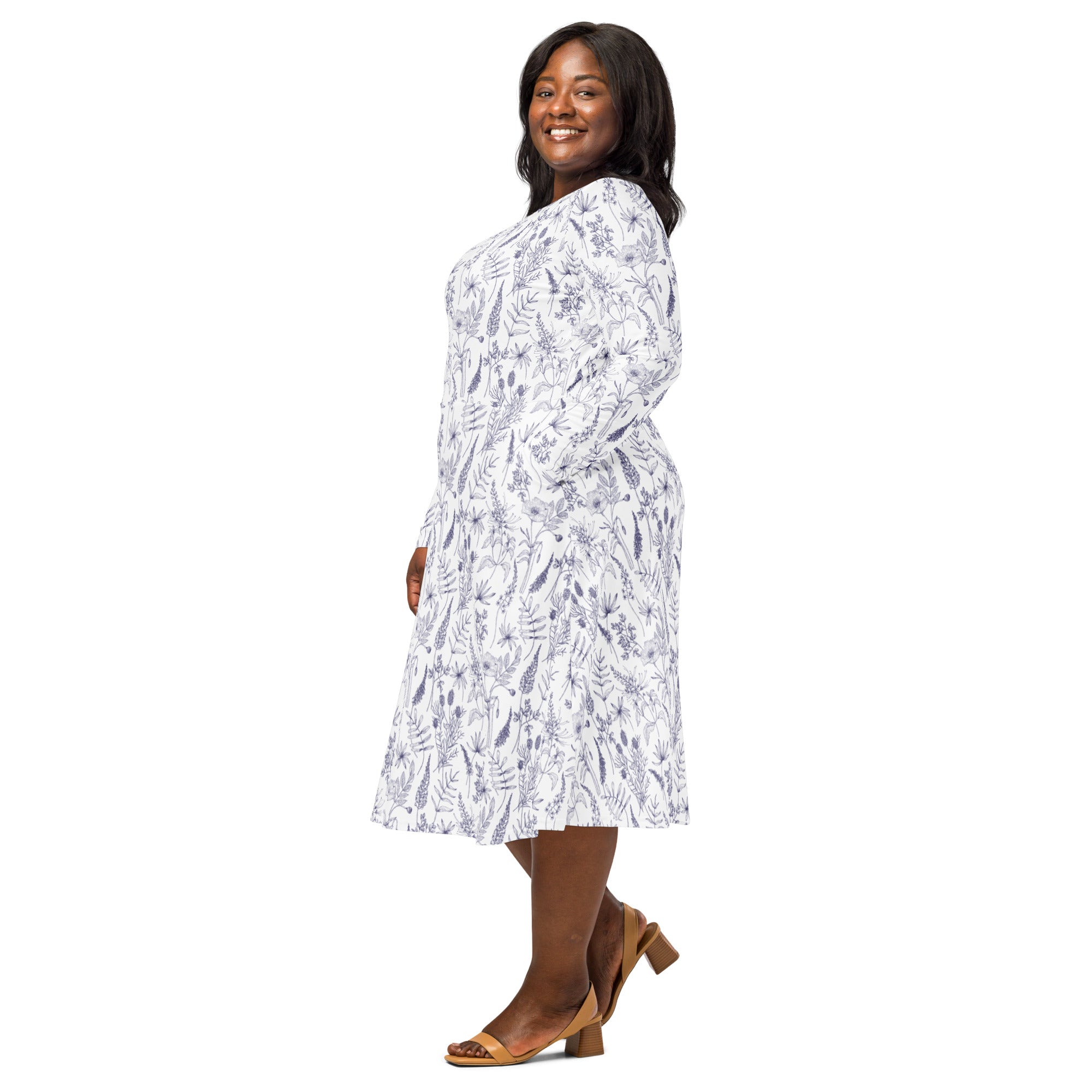 Simple Botany Flowers Herbs White Blue Long Sleeve Midi Dress 2