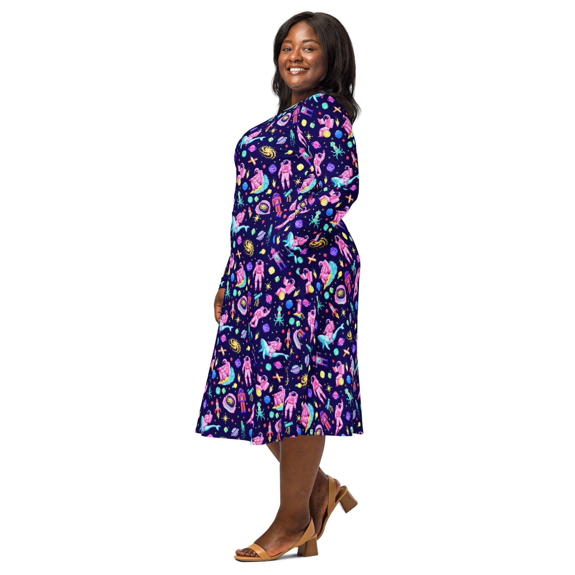 Astronaut Pixels Outer Space Purple Blue Long Sleeve Midi Dress 2