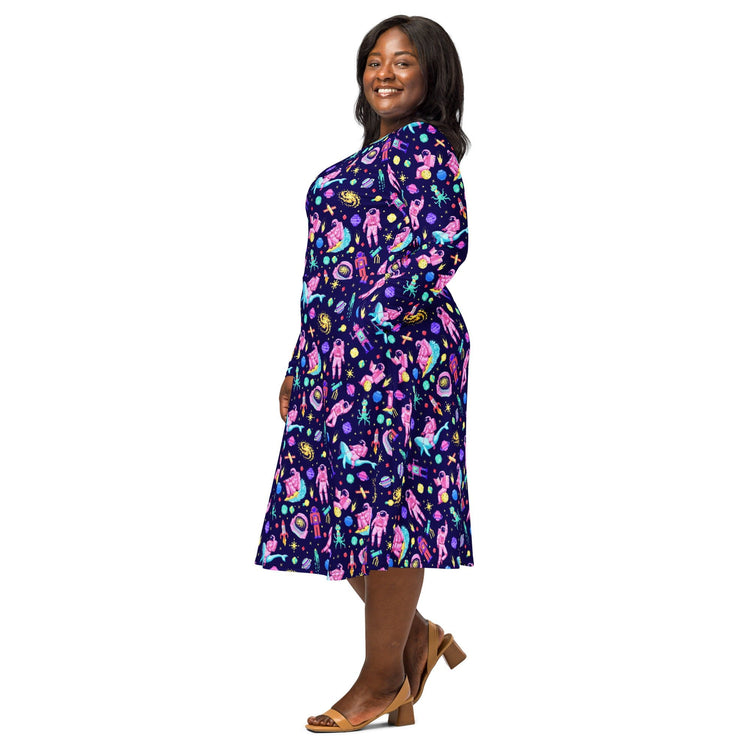 Nerdy Astronaut Pixels Outer Space Purple Blue Long Sleeve Midi Dress