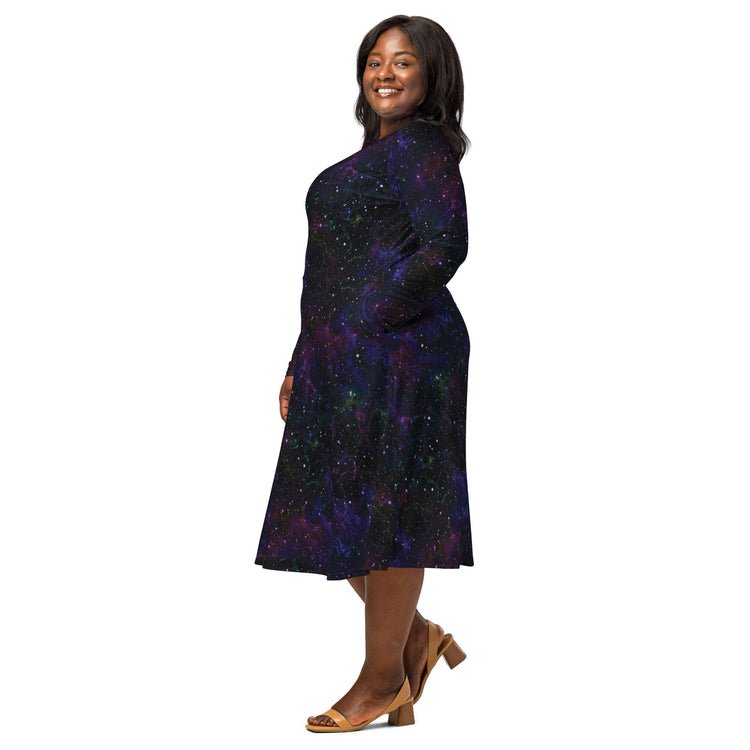 Nerdy Beautiful Nebula Outer Space Long Sleeve Midi Dress
