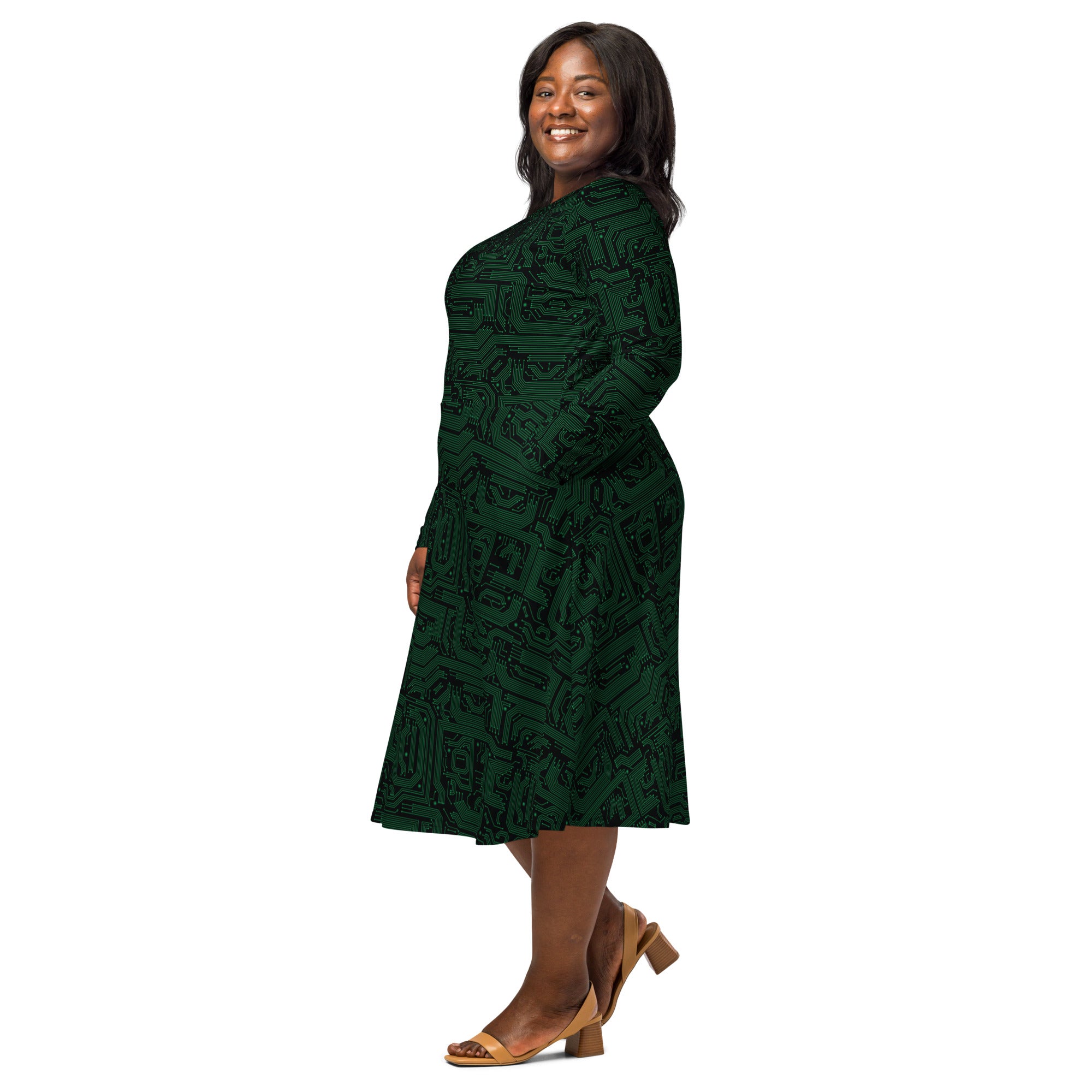 Green Computer Circuits Long Sleeve Midi Dress 2