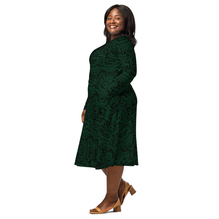 Nerdy Green Computer Circuits Long Sleeve Midi Dress