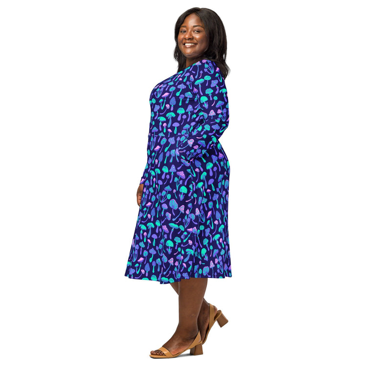 Nerdy Psychedelic Mushrooms Long Sleeve Midi Dress