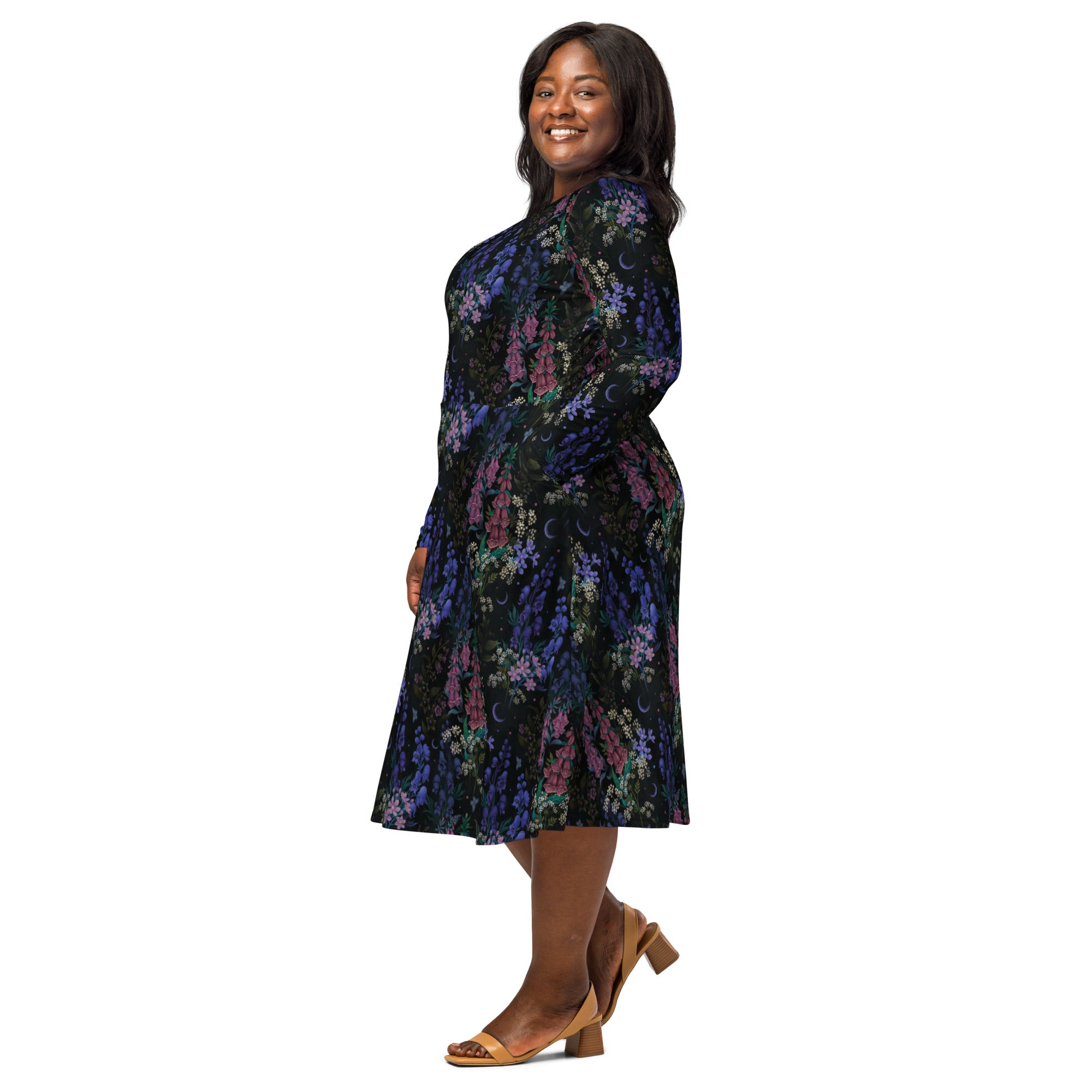 Floral Purple Night Long Sleeve Midi Dress 2