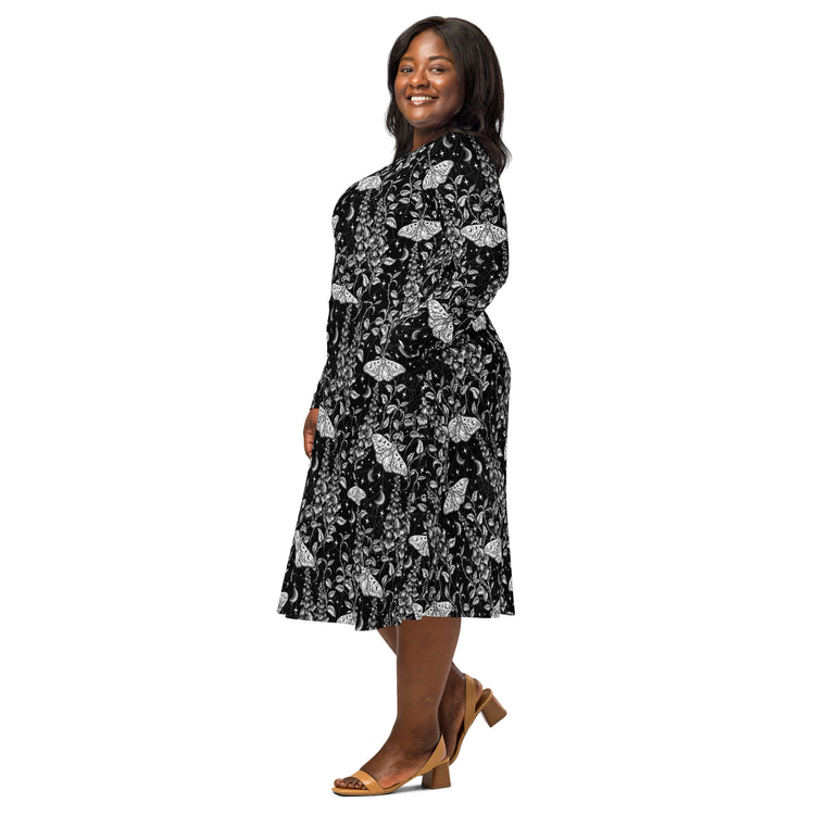 Nerdy Episodic Moth Black White Night Long Sleeve Midi Dress