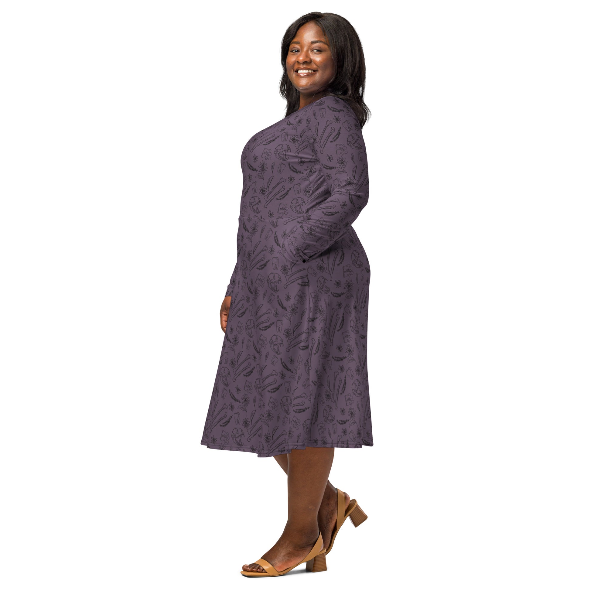 Bones and Flowers Purple Long Sleeve Midi Dress 2