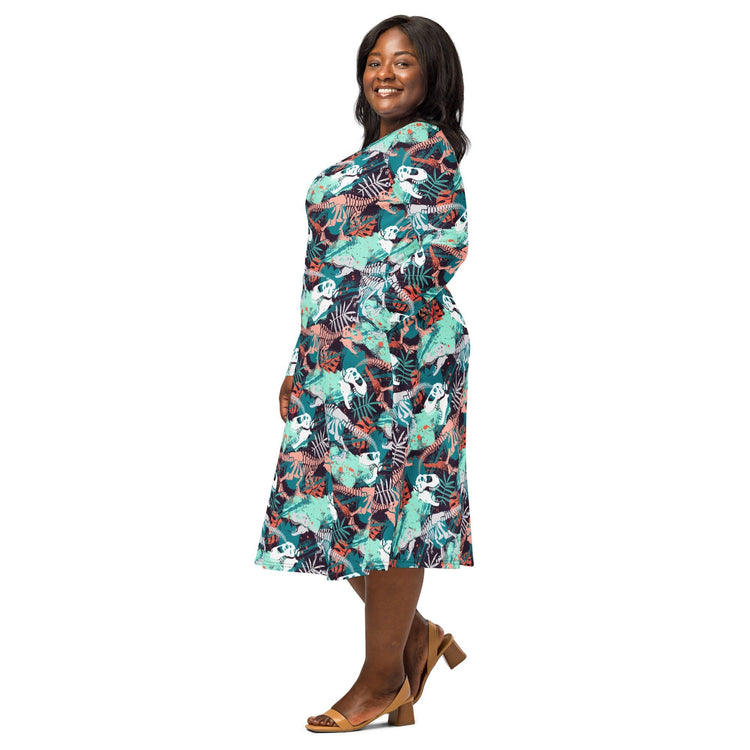 Nerdy T - Rex Bones Footprints Green Long Sleeve Midi Dress