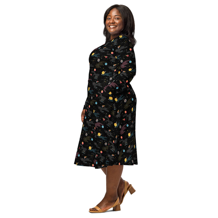 Nerdy A Starry Galaxy Outer Space Long Sleeve Midi Dress
