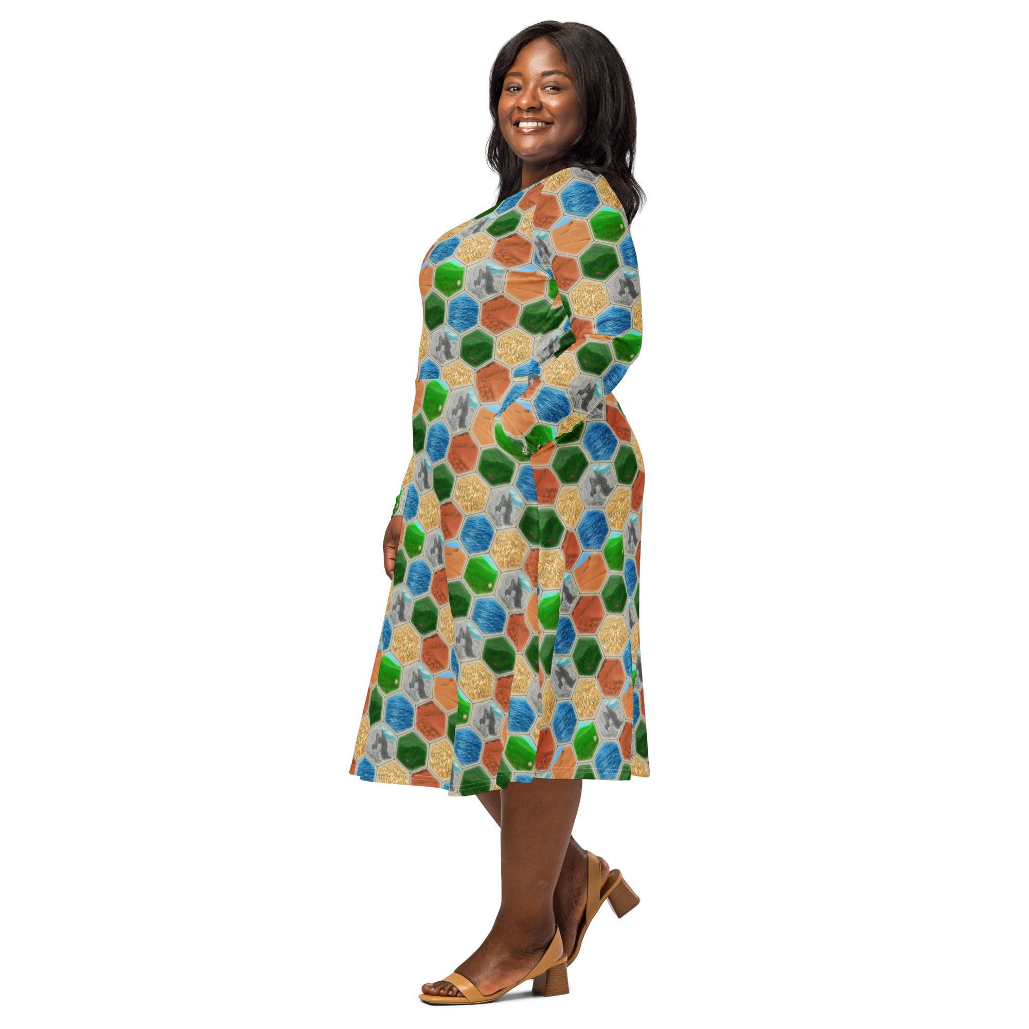 Hexagon Tile Board Game Long Sleeve Midi Dress 2